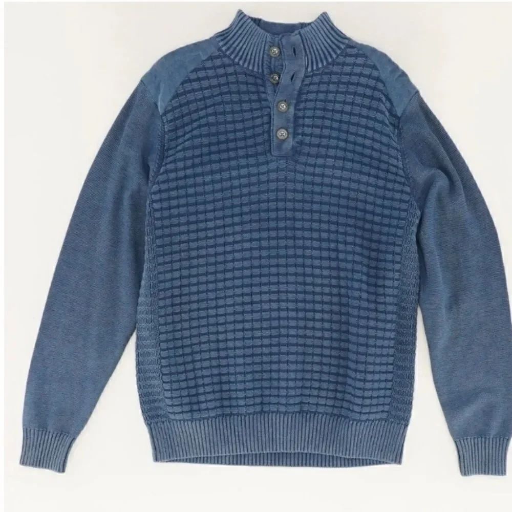 F/X Fusion XL Blue 1/4 Buttons Knit Lng Slve 100% Cotton Men's Pullover Sweater.